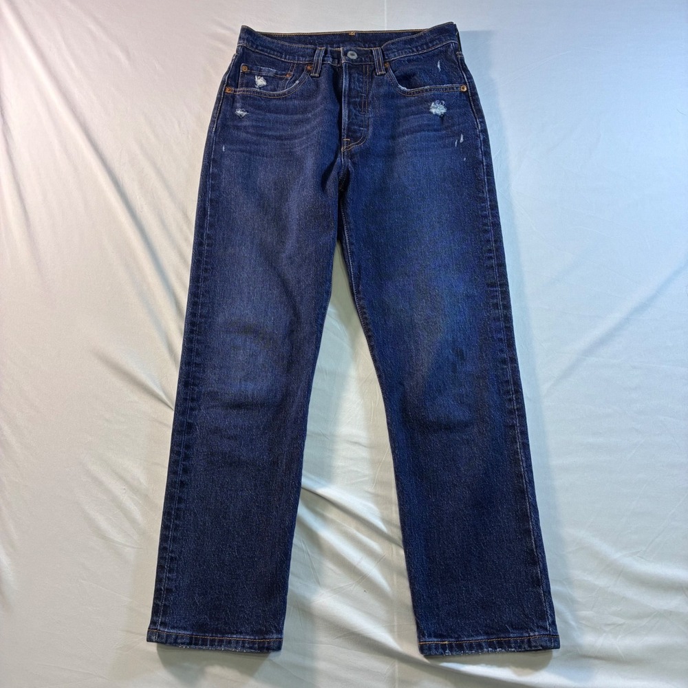 Levis 501 Original Fit Dark Wash Distressed Straight Leg Jeans W26 L26